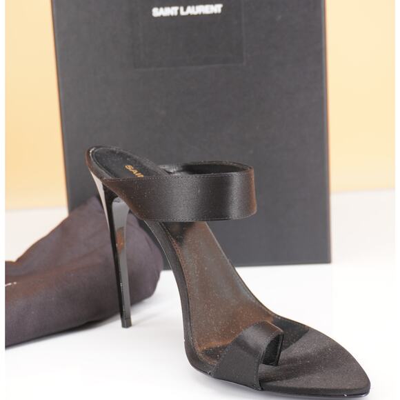 Saint Laurent Martha 110MM Pointed Toe Mule Sandals SZ 38 YSL Black Satin $1350 - Picture 1 of 12